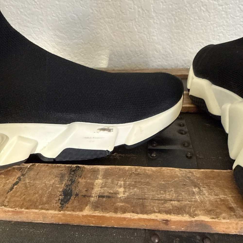 Balenciaga Speed Trainer Black White High Top Knit Sneakers Rubber Sole Sz 7.5 - Picture 8 of 14